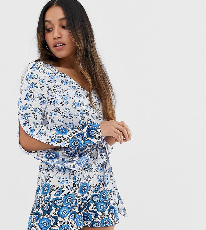 Parisian Petite Long Sleeve Romper In Floral Border Print - Blue