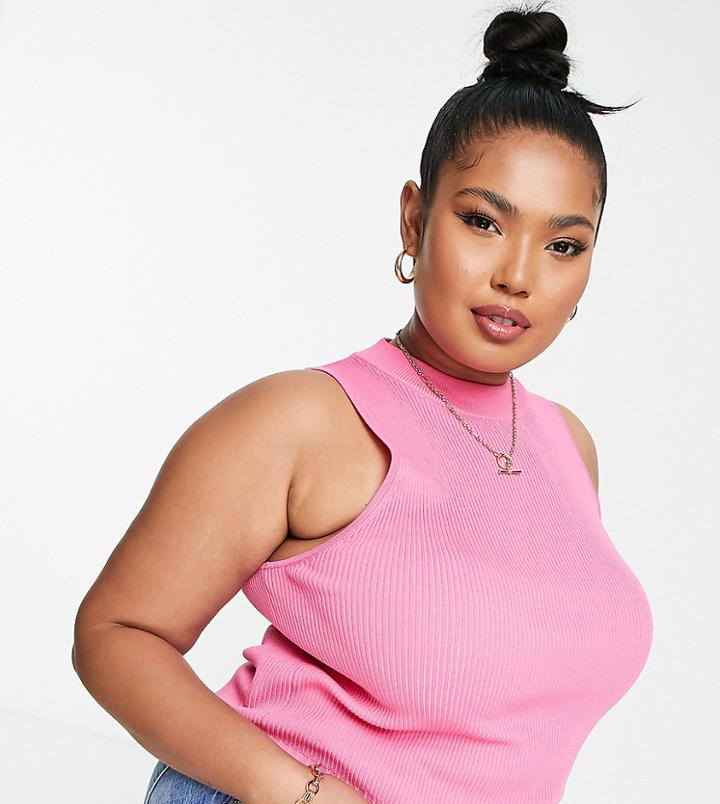 Asos Design Curve Knit Racer Tank Top With Ribbed Hem Detail In Pink