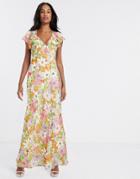 Asos Design Soft Bias Maxi Dress With Ruffle In Vintage Floral Print Strawberry Fields-multi