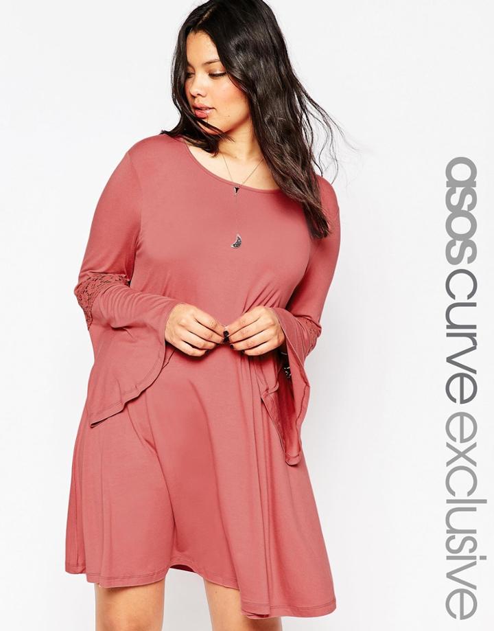 Asos Curve Bell Sleeve Swing Dress With Lace Insert Sleeve - Black
