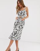 Asos Design Square Neck Linen Midi Sundress With Wooden Buckle & Contrast Stitch In Squiggle Print - Multi