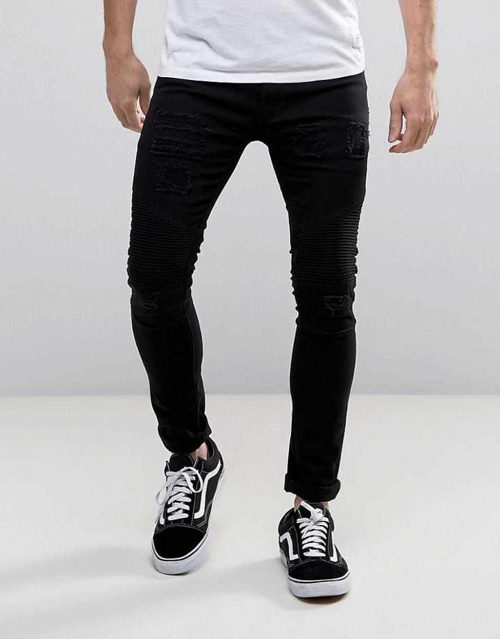 Soul Star Skinny Rip And Repair Biker Jeans - Black