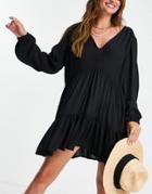 Esmee Exclusive Mini Tiered Smock Dress With Long Sleeve In Black