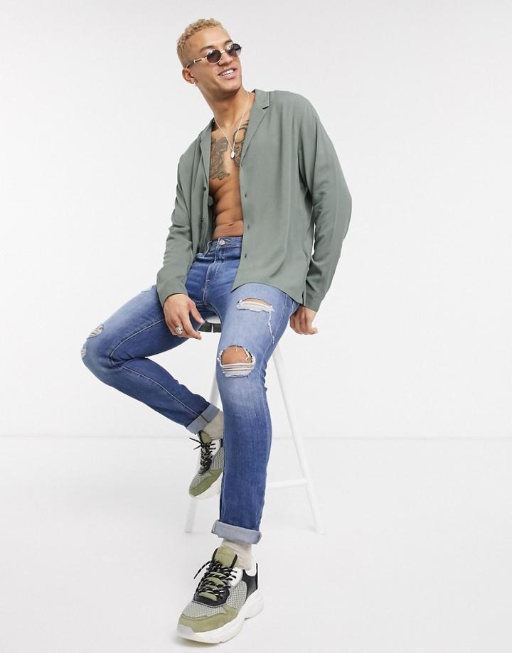 Asos Design Relaxed Fit Viscose Shirt With Low Revere Collar In Khaki-green