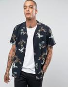 Pull & Bear Shirt With Revere Collar In Black Floral Print - Black
