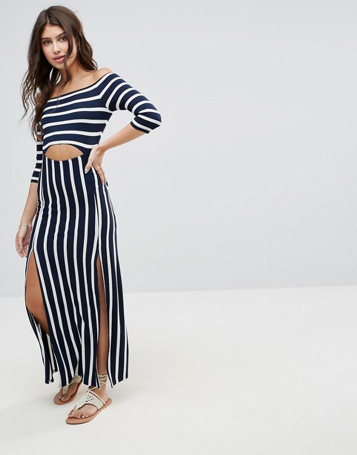 Asos Bardot Maxi Dress With Cut Out In Stripe - Multi