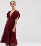 Asos Design Petite Midi Dress With Lace Godet Panels - Red