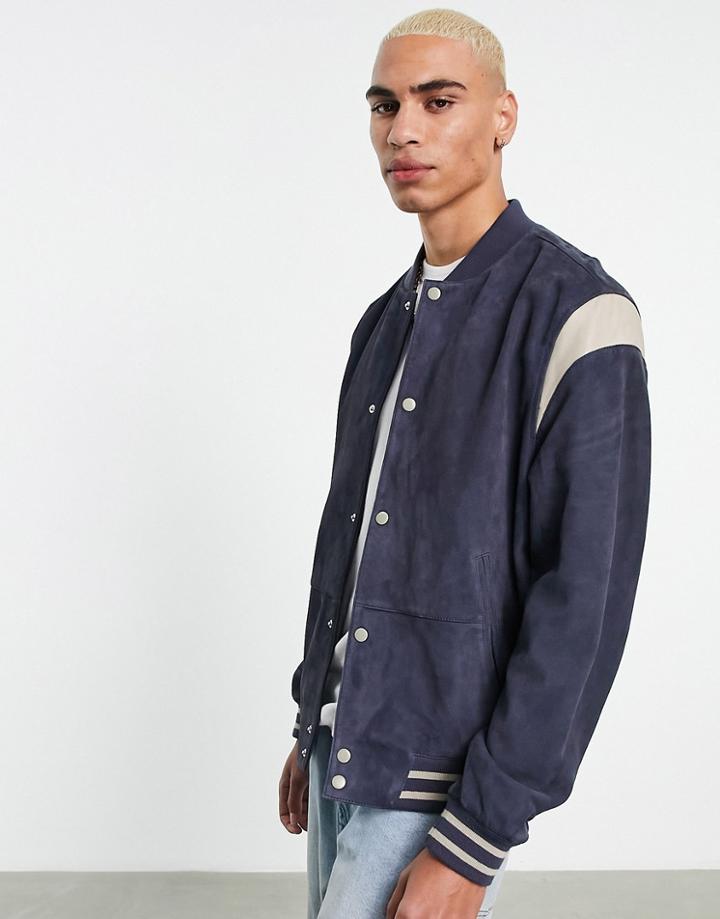 Asos Design Oversized Suede Varsity Bomber Jacket In Navy With White Sleeve Tipping