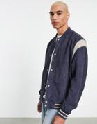 Asos Design Oversized Suede Varsity Bomber Jacket In Navy With White Sleeve Tipping