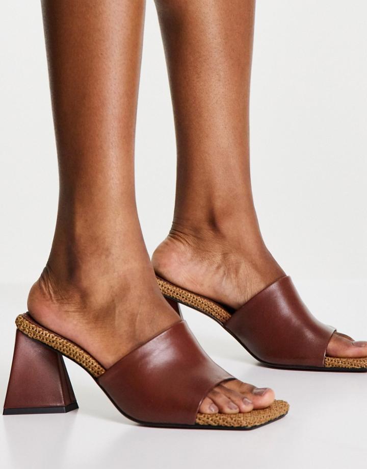 Asos Design Healing Premium Leather Mid Heeled Mules In Brown