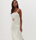 Asos Design Tall Square Neck Linen Midi Sundress With Wooden Buckle & Contrast Stitch-beige