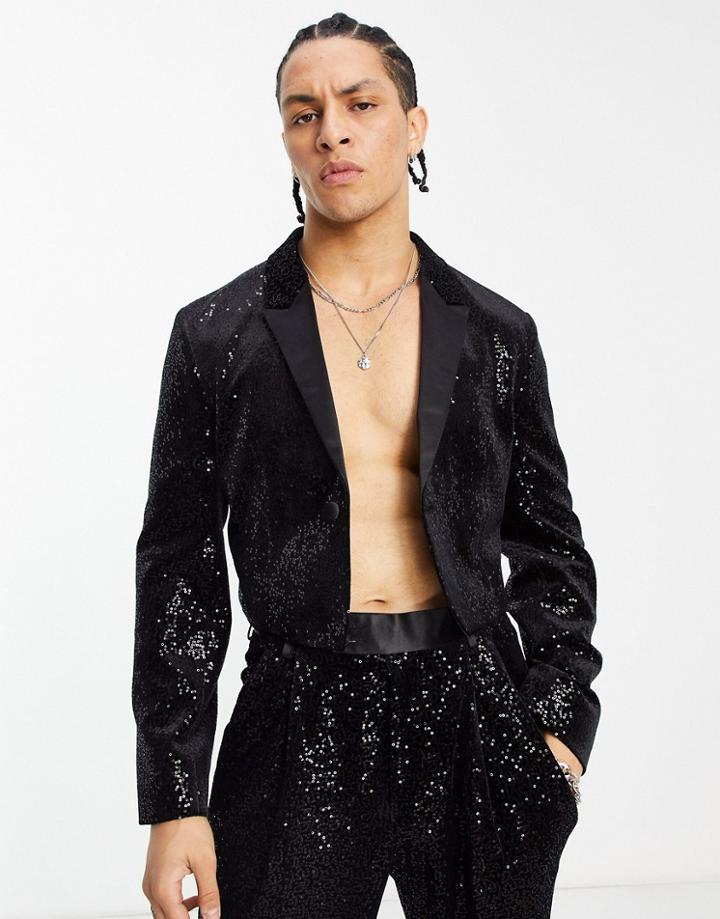 Asos Design Super Cropped Suit Jacket With Extreme Lapels In Black Sequin