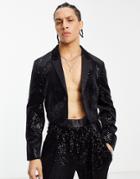 Asos Design Super Cropped Suit Jacket With Extreme Lapels In Black Sequin