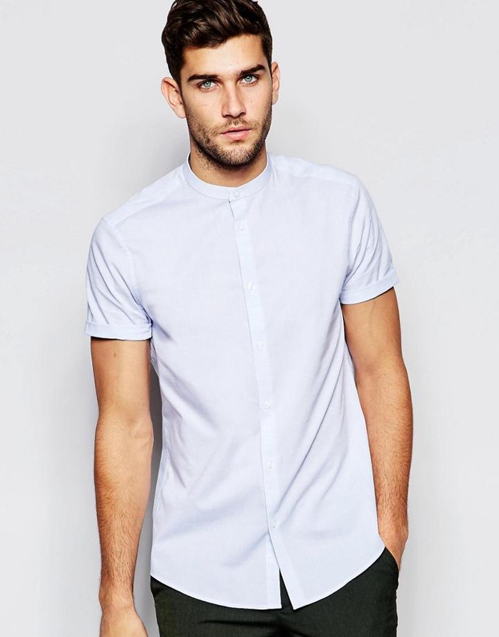 Asos Blue Texture Shirt With Grandad Collar In Regular Fit - Blue
