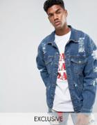 Granted Oversized Denim Jacket In Mid Blue With Distressing - Blue