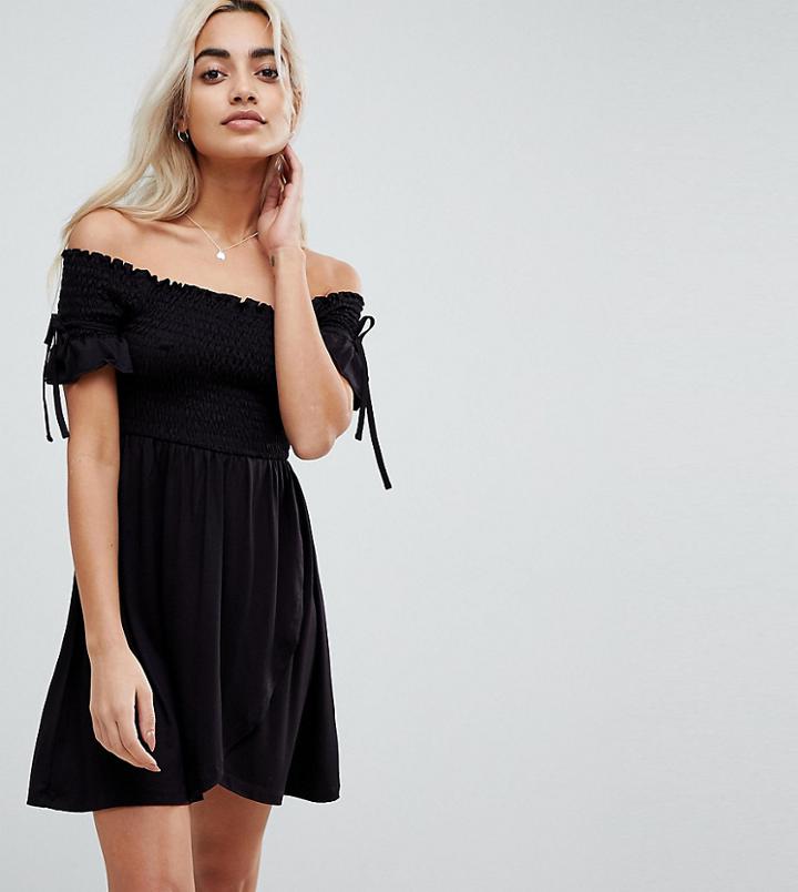 Asos Petite Off Shoulder Sundress With Shirring And Tie Detail - Black