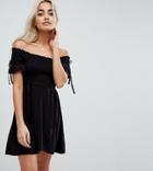 Asos Petite Off Shoulder Sundress With Shirring And Tie Detail - Black