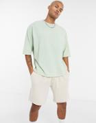 Asos Design Oversized T-shirt With Half Sleeve In Heavyweight Pastel Green Acid Wash