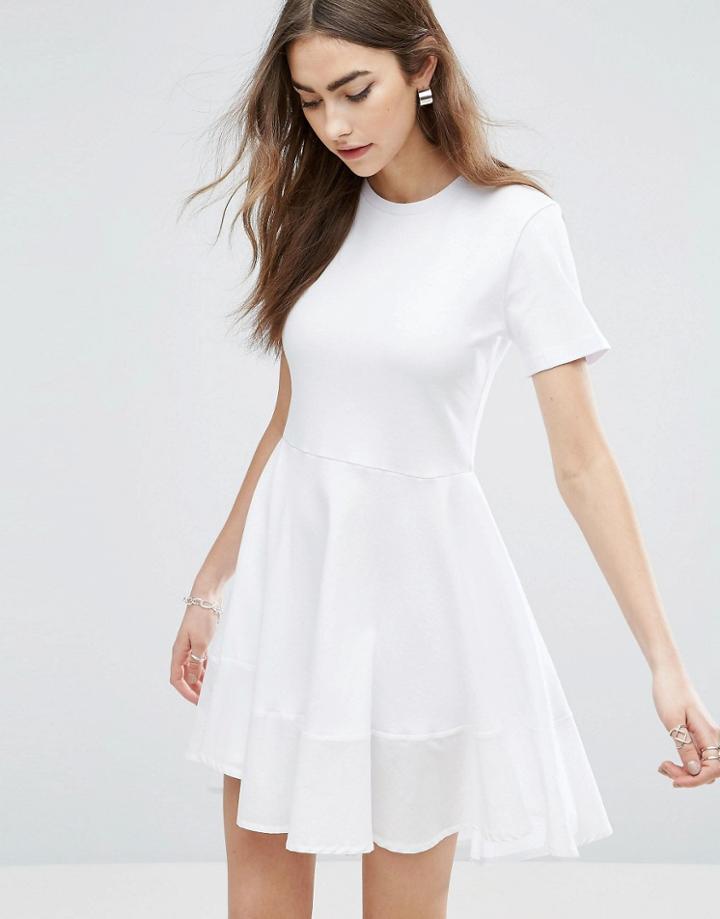 Asos Skater T-shirt Dress With Woven Cotton Hem Detail - White