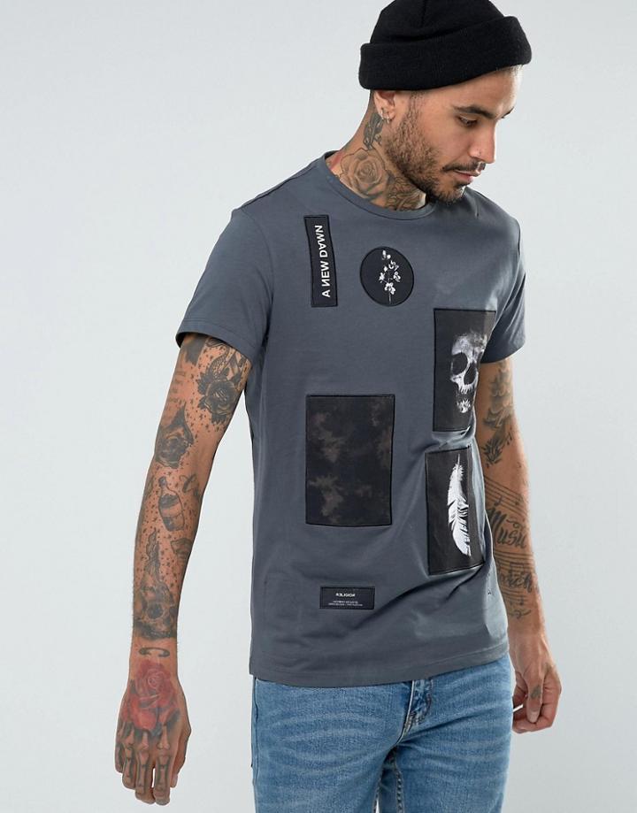 Religion Patch Skull Distressed T-shirt - Gray