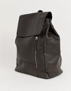 Asos Design Leather Backpack In Brown With Front Zip - Brown