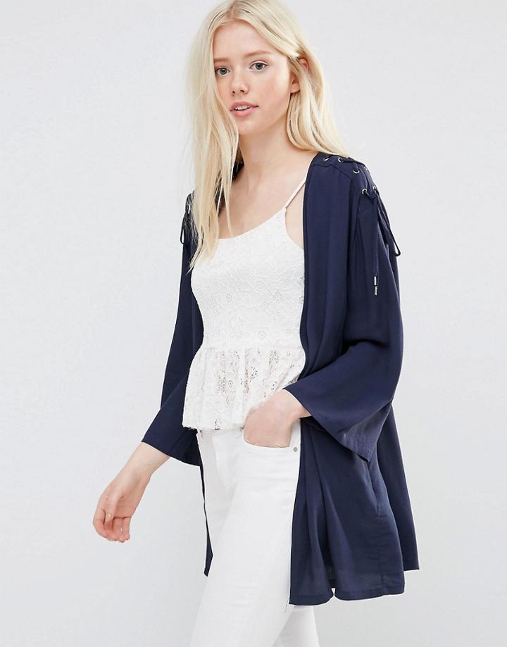 Vila Lace Up Shoulder Kimono In Navy - Navy