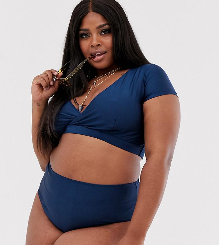Peek & Beau Curve Exclusive Sleeve Bikini Top In Navy Shimmer - Navy