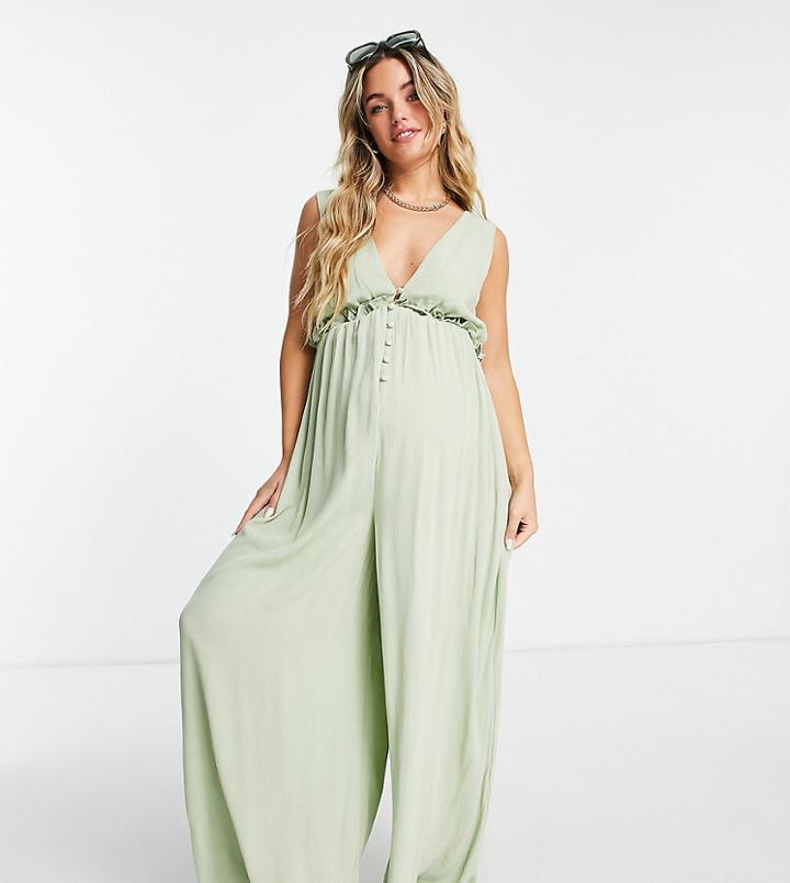 Asos Design Maternity Crinkle Rayon Double Strap Plunge Smock Jumpsuit In Sage-green