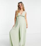 Asos Design Maternity Crinkle Rayon Double Strap Plunge Smock Jumpsuit In Sage-green