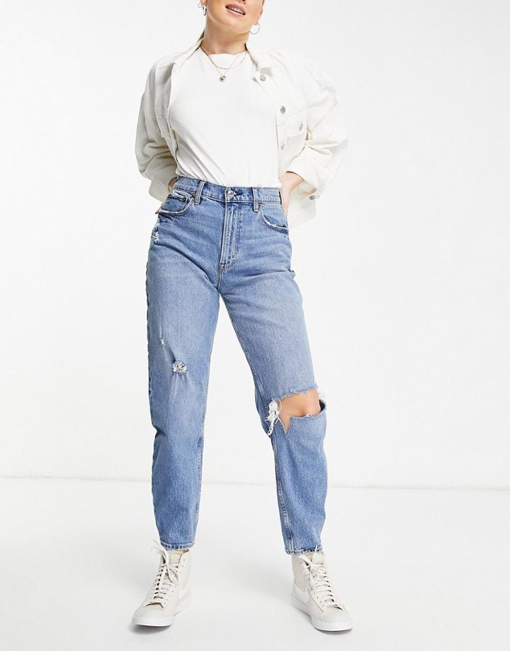 Abercrombie & Fitch 80s Ripped Mom Jeans In Mid Wash-blue