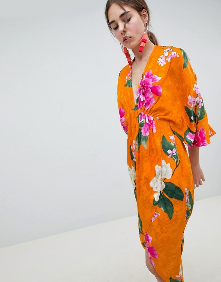 Asos Design Kimono Midi Dress In Bold Floral Jacquard - Multi