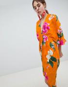 Asos Design Kimono Midi Dress In Bold Floral Jacquard - Multi