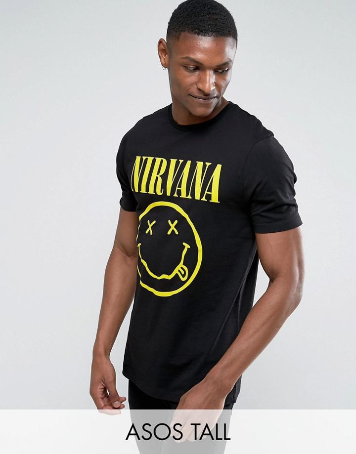 Asos Tall Nirvana Longline Band T-shirt With Face Print - Black