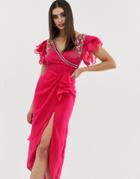 Virgos Lounge Embellished Wrap Front Ruffle Sleeve Midi Dress In Pink - Pink