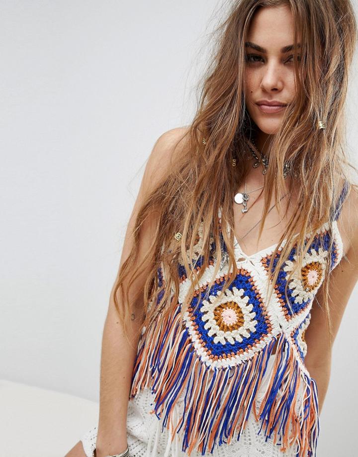 En Creme Cami Top In Rainbow Crochet - Multi