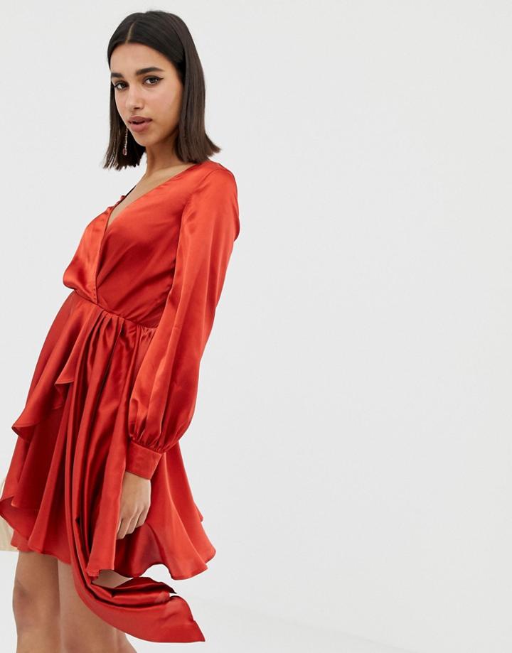 Asos Design Mini Dress In Satin With Flippy Skirt - Brown