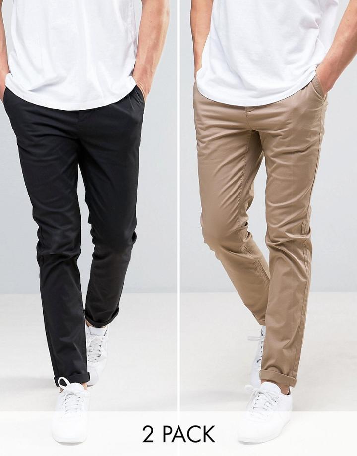 Asos 2 Pack Slim Chinos In Black & Stone Save-multi