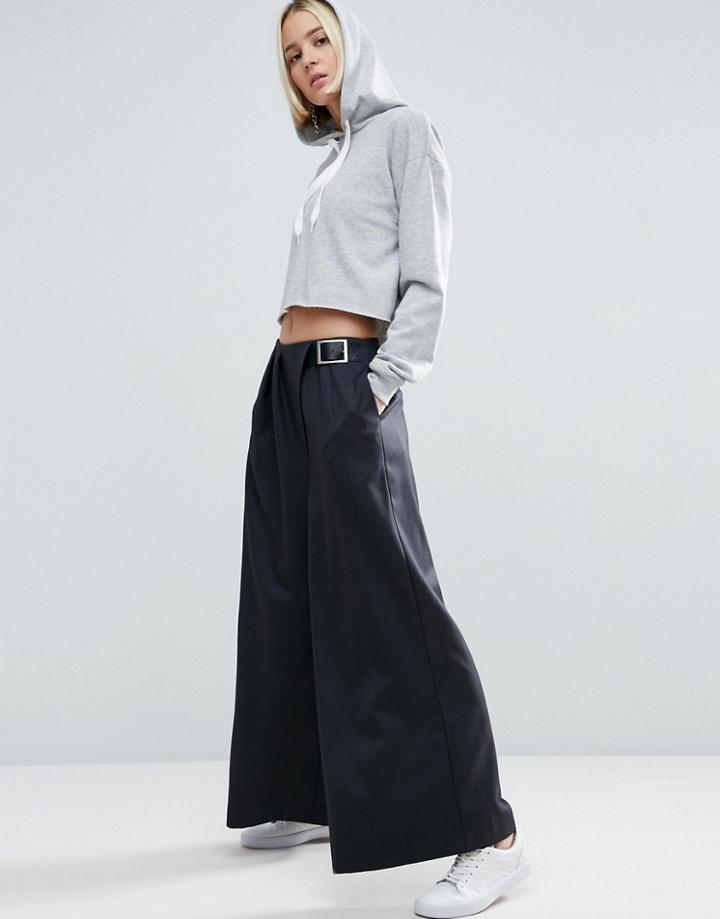 Asos White Wide Leg Pants With Buckle Detail - Gray