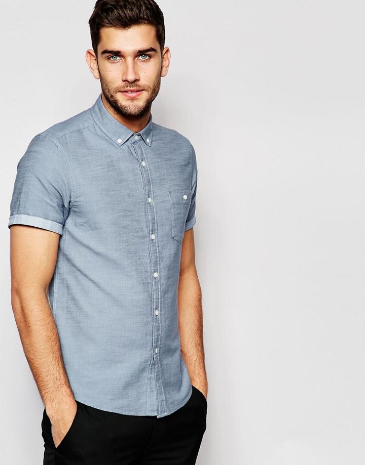Asos Twill Shirt In Blue Marl With Short Sleeves - Blue