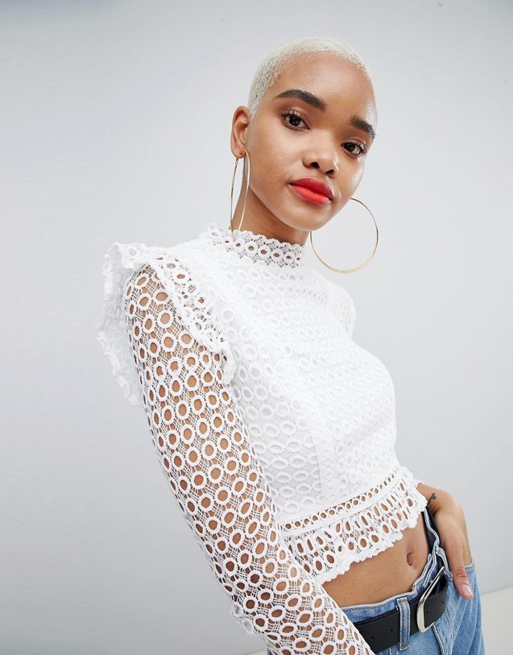 Prettylittlething Lace Frill Sleeve Blouse - White