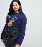 Brave Soul Plus Reindeer Christmas Sweater With Pom Poms - Navy
