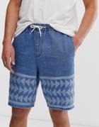 Asos Design Relaxed Fit Denim Shorts In Mid Wash Blue With Print