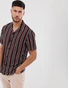 Pull & Bear Revere Collar Shirt In Burgundy Stripe - Red