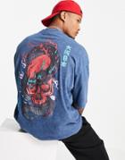 Asos Design Oversized T-shirt In Washed Blue With Skull Back Print-blues
