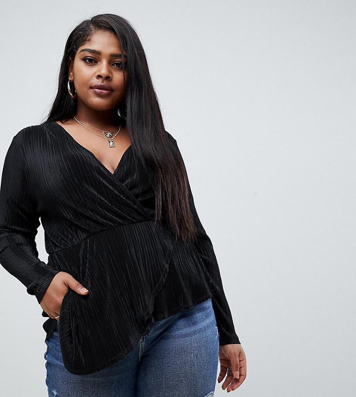 Asos Design Curve Long Sleeve Wrap Top In Plisse With Asymmetric Hem-black