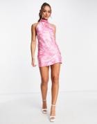 Neon Rose Tie Neck 70s Satin Shift Dress In Pink Butterfly