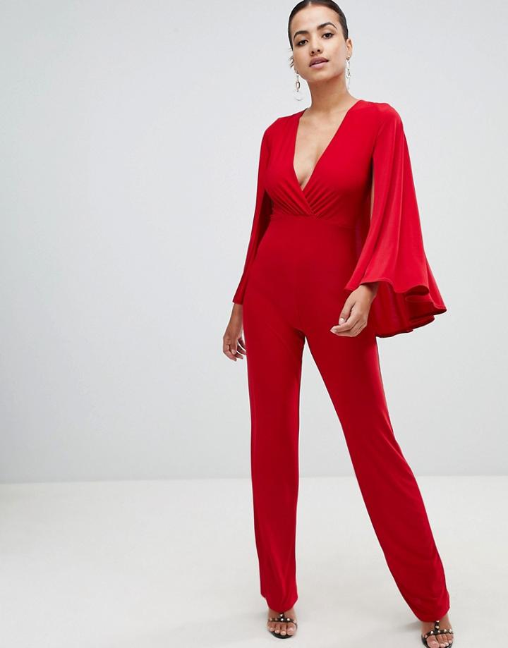Club L Cape V Plunge Wrap Jumpsuit - Red