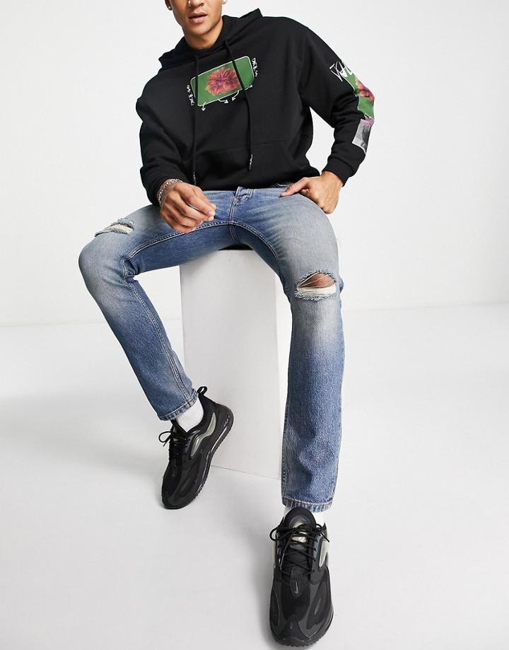 Topman Basic Rip Stretch Skinny Jeans In Mid Wash-blues