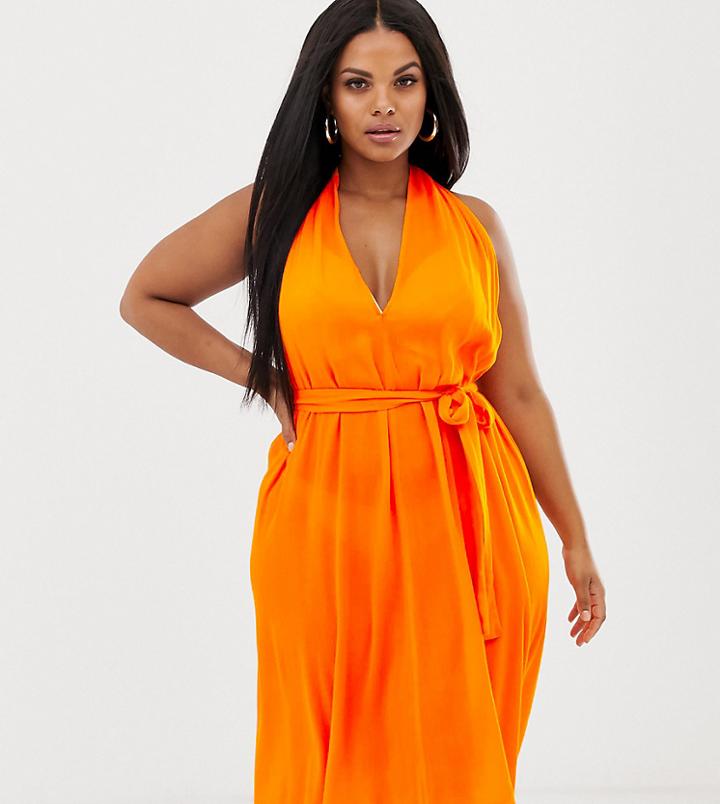 Asos Design Curve Halter Neck Beach Cover Up In Orange - Multi