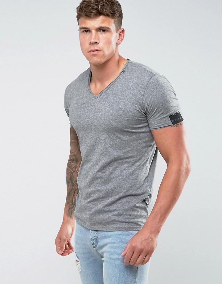 Replay Raw Hem V-neck T-shirt - Gray